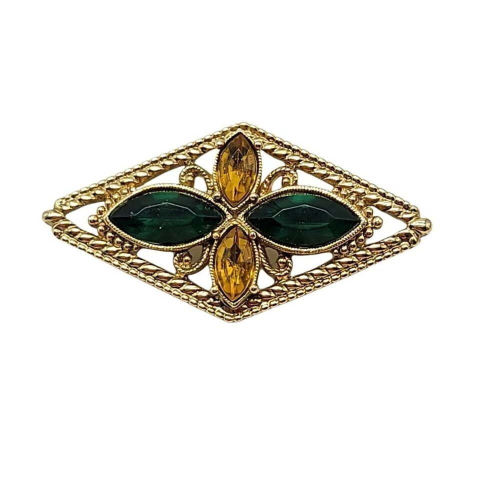 1928 Art Nouveau Styled Green Yellow Rhinestone Gold Tone Pin Brooch Vintage